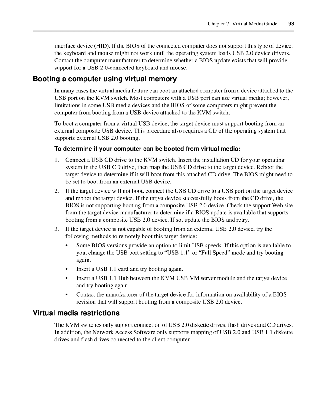 APC AP5616, AP5610, AP5615 manual Booting a computer using virtual memory, Virtual media restrictions 