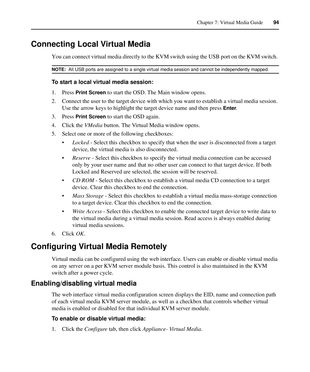 APC AP5610, AP5616 Connecting Local Virtual Media, Configuring Virtual Media Remotely, Enabling/disabling virtual media 