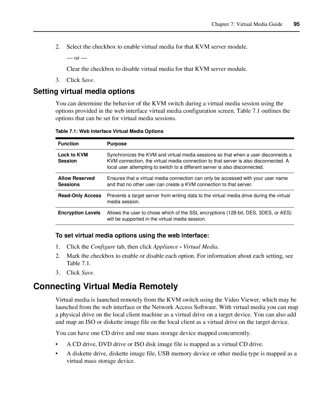 APC AP5615, AP5616, AP5610 manual Connecting Virtual Media Remotely, Setting virtual media options 