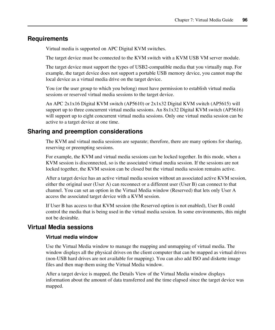 APC AP5616, AP5610 manual Requirements, Sharing and preemption considerations, Virtual Media sessions, Virtual media window 