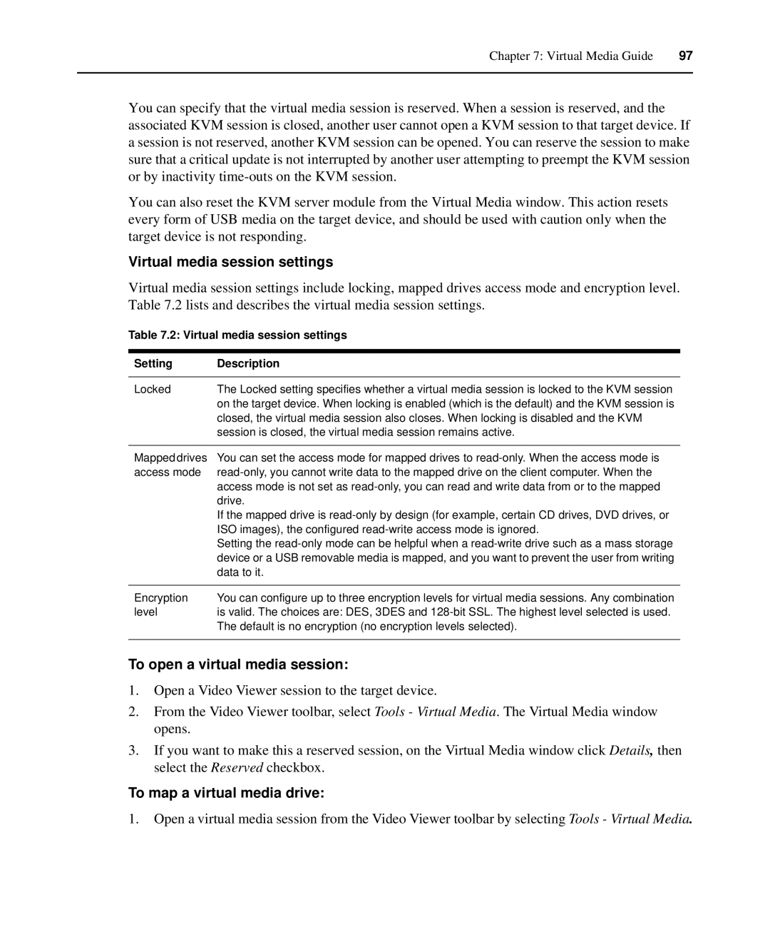 APC AP5610, AP5616, AP5615 Virtual media session settings, To open a virtual media session, To map a virtual media drive 