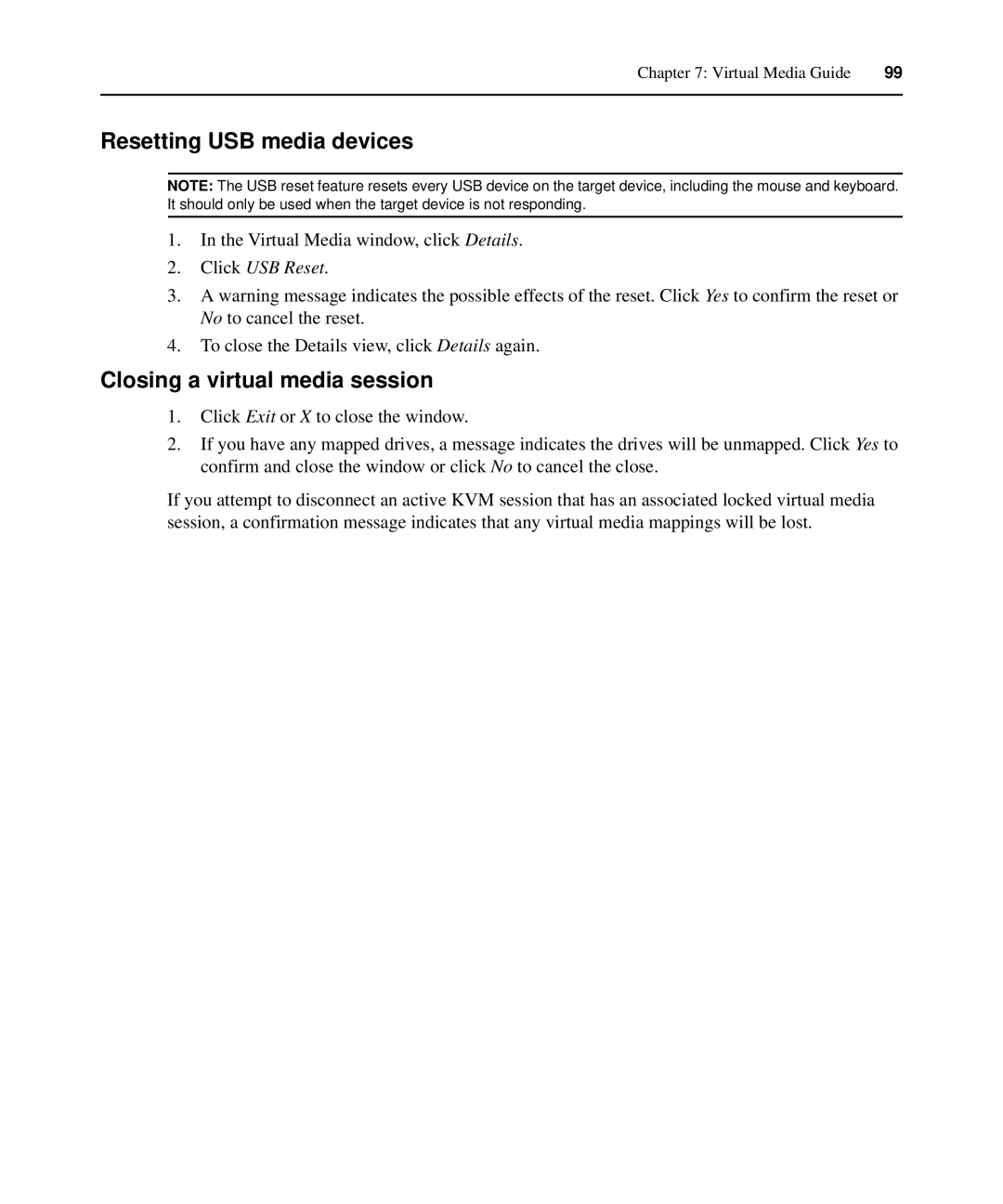 APC AP5616, AP5610, AP5615 manual Resetting USB media devices, Closing a virtual media session, Click USB Reset 