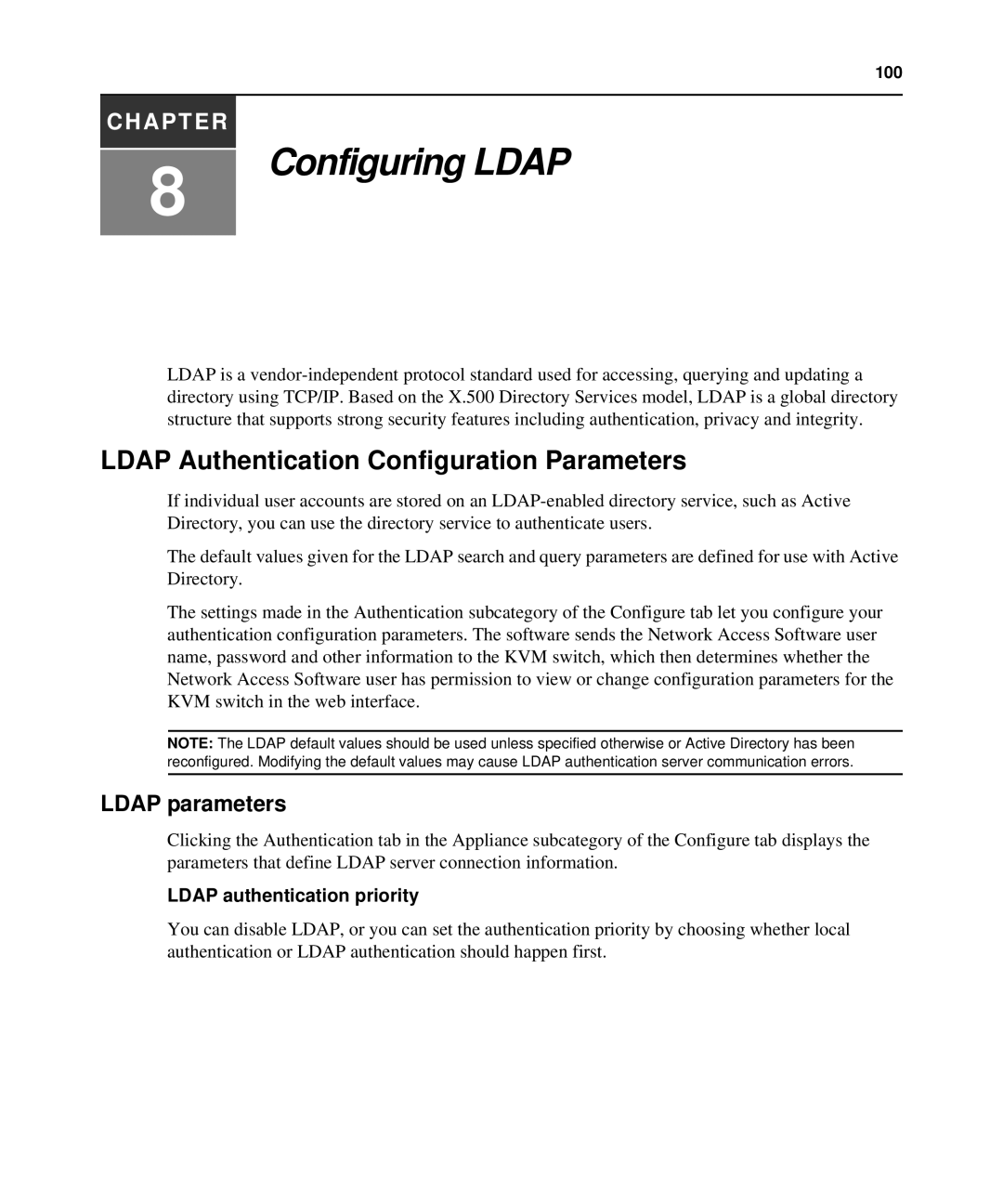 APC AP5610, AP5616, AP5615 manual Ldap Authentication Configuration Parameters, Ldap parameters, Ldap authentication priority 