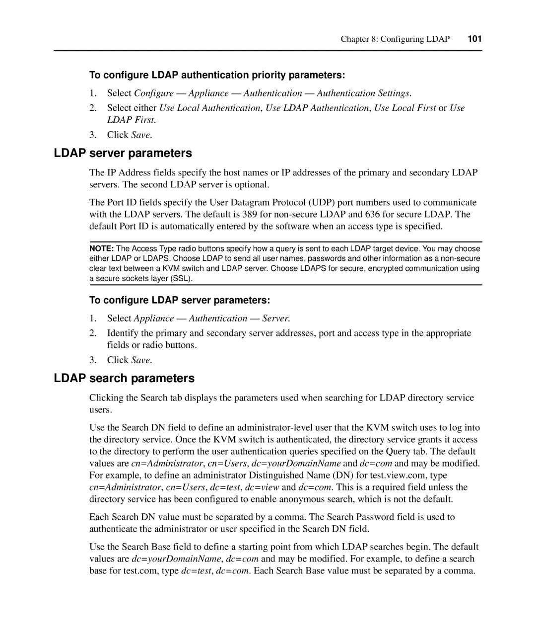 APC AP5615, AP5616 Ldap server parameters, Ldap search parameters, To configure Ldap authentication priority parameters 