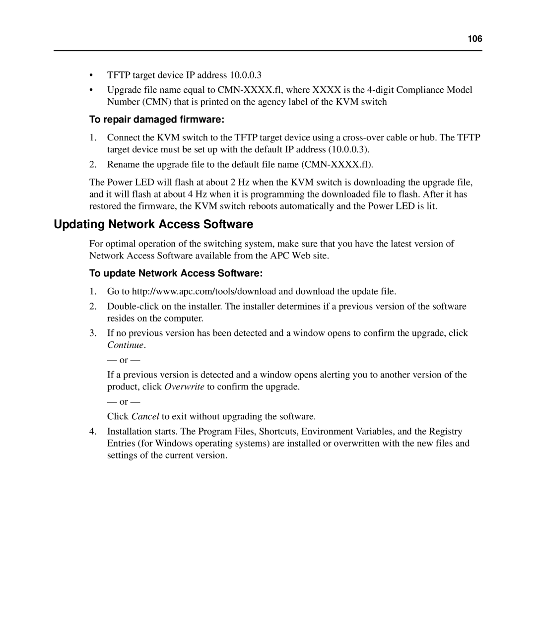 APC AP5610, AP5616, AP5615 Updating Network Access Software, To repair damaged firmware, To update Network Access Software 