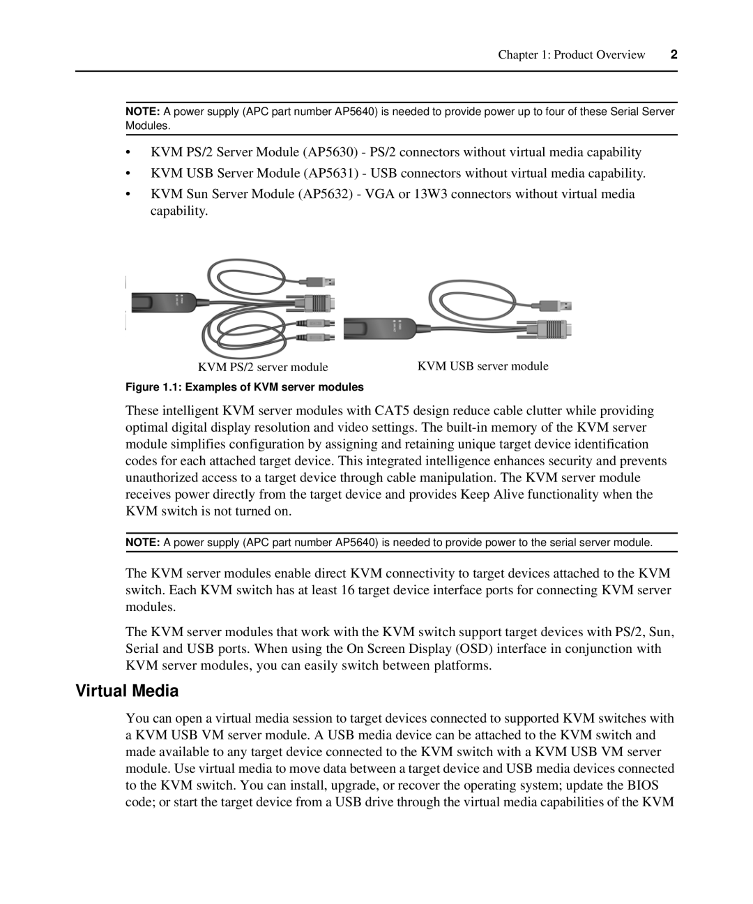 APC AP5615, AP5616, AP5610 manual Virtual Media, Examples of KVM server modules 