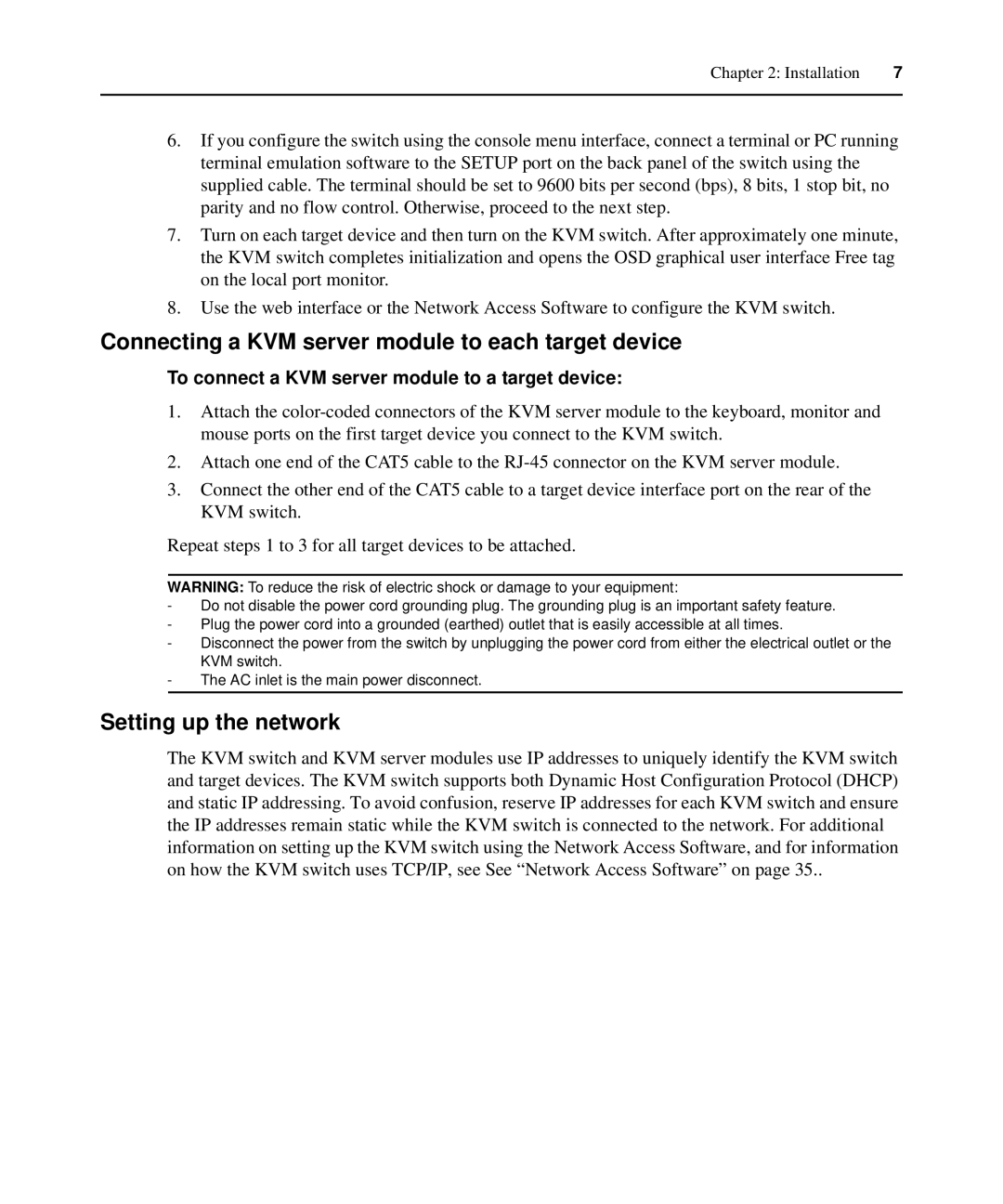 APC AP5610, AP5616, AP5615 manual Connecting a KVM server module to each target device, Setting up the network 