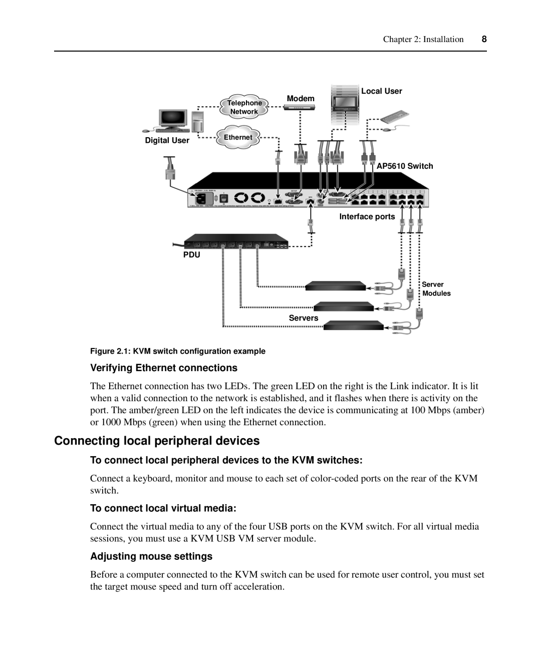 APC AP5615, AP5616 Connecting local peripheral devices, Verifying Ethernet connections, To connect local virtual media 