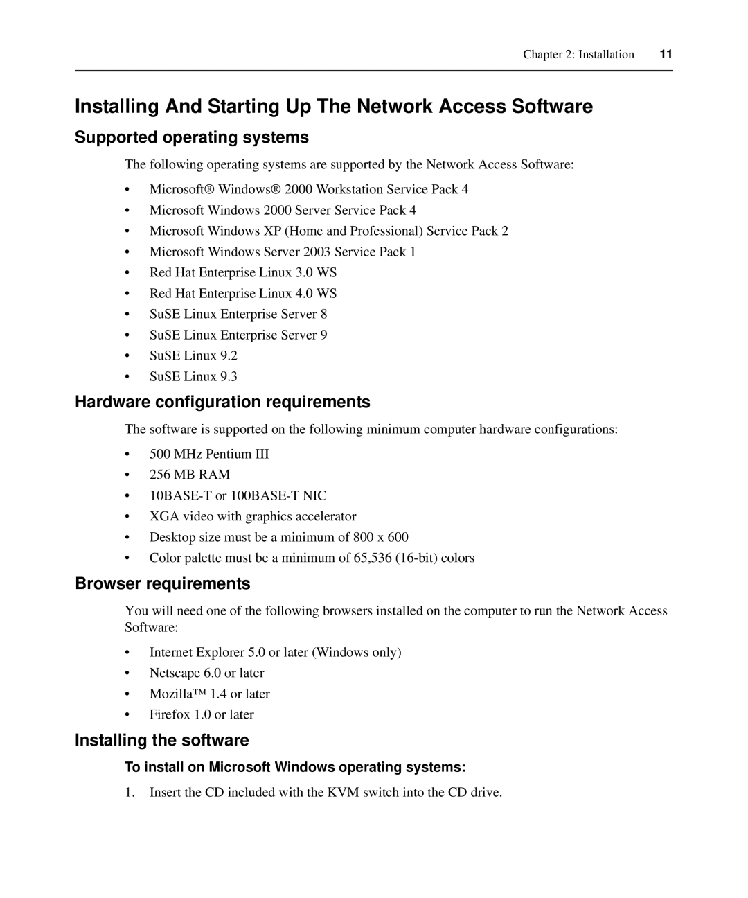 APC AP5615 manual Installing And Starting Up The Network Access Software, Supported operating systems, Browser requirements 