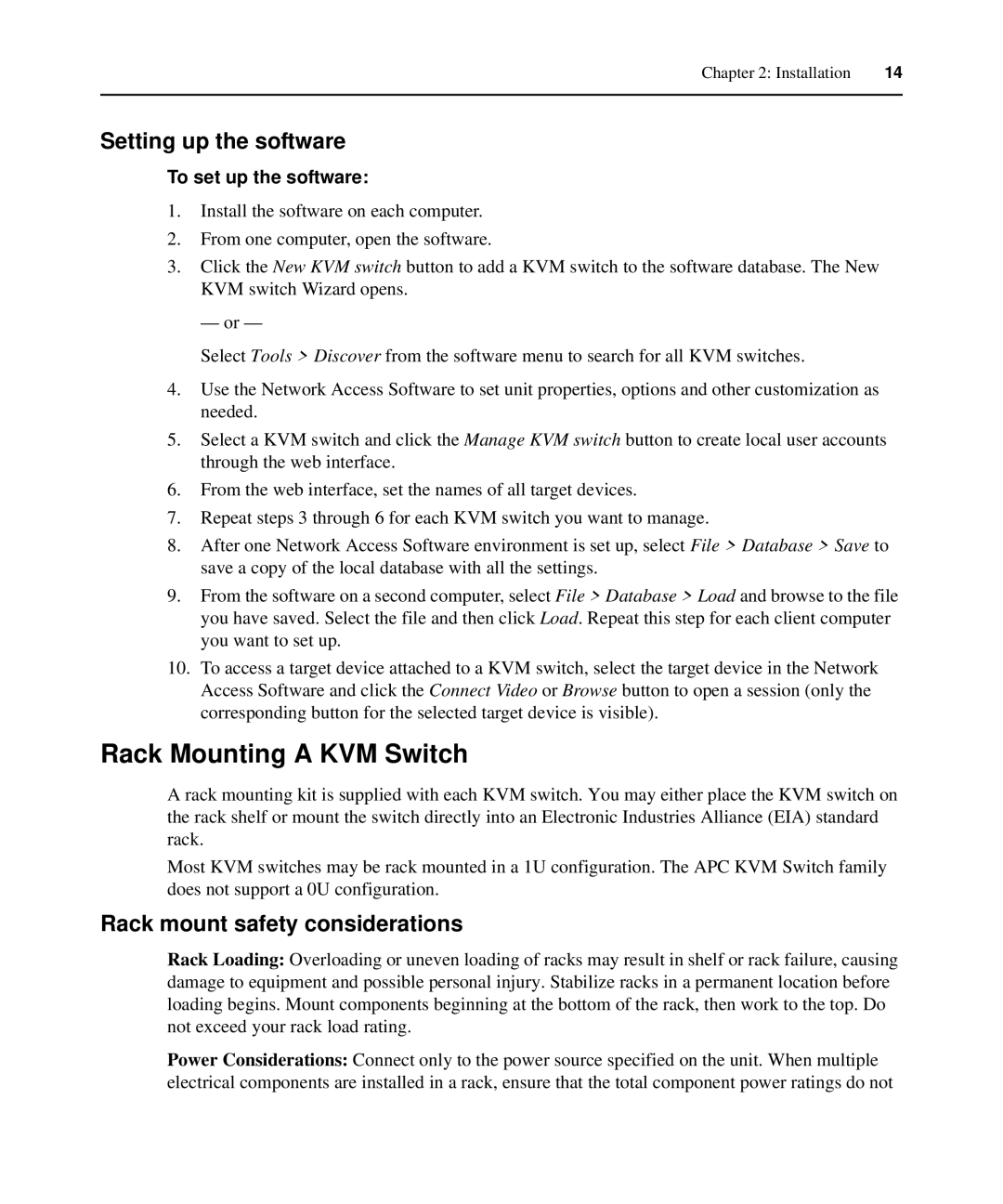 APC AP5615 Rack Mounting a KVM Switch, Setting up the software, Rack mount safety considerations, To set up the software 