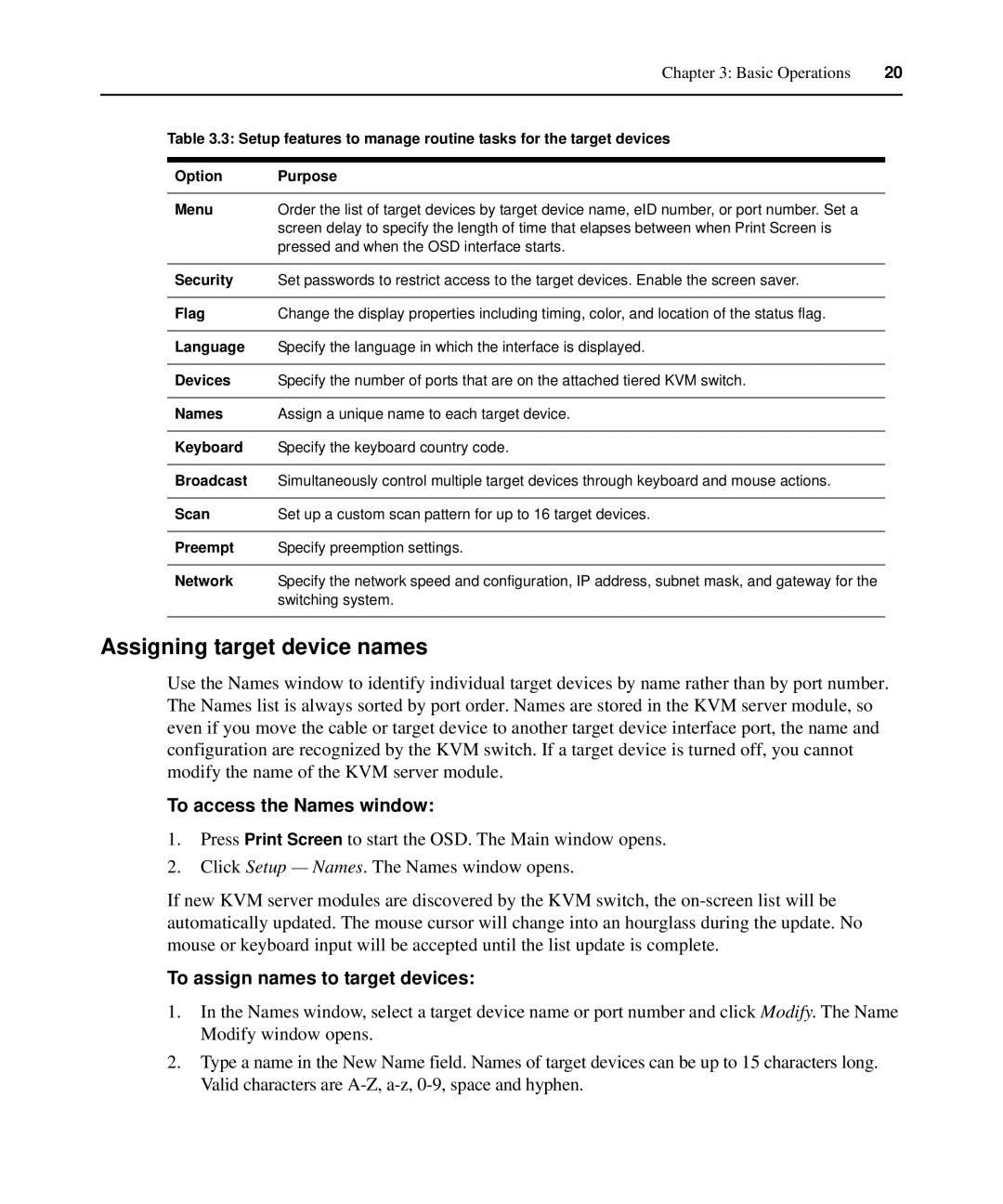 APC AP5615, AP5616, AP5610 Assigning target device names, To access the Names window, To assign names to target devices 