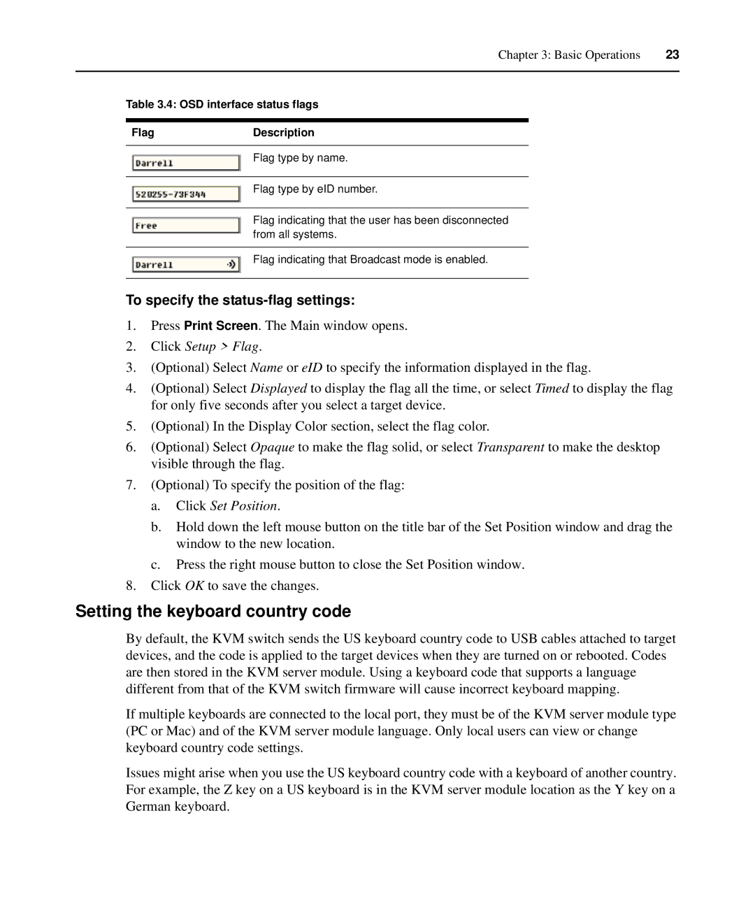 APC AP5615 Setting the keyboard country code, To specify the status-flag settings, Click Setup Flag, Click Set Position 