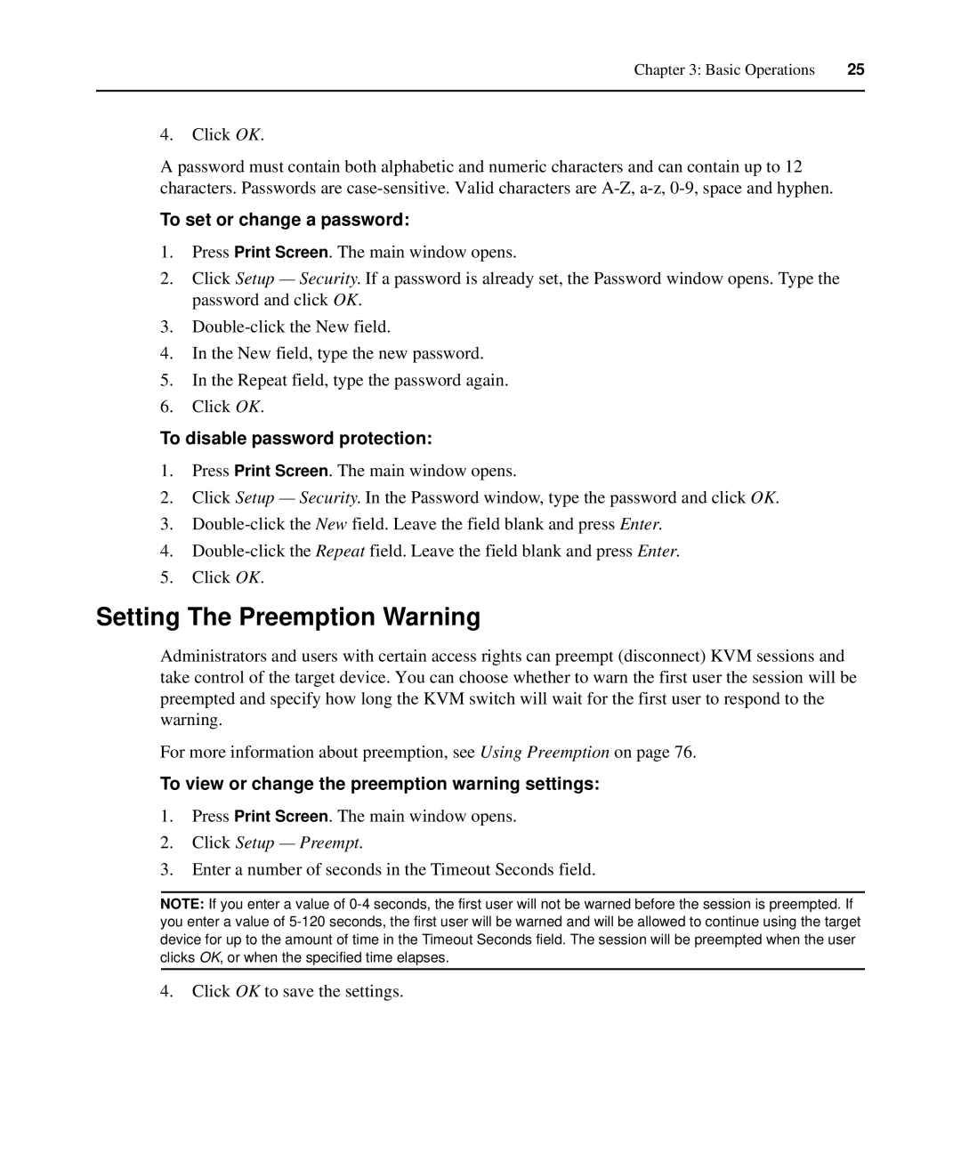 APC AP5610, AP5616, AP5615 manual Setting The Preemption Warning, To set or change a password, To disable password protection 