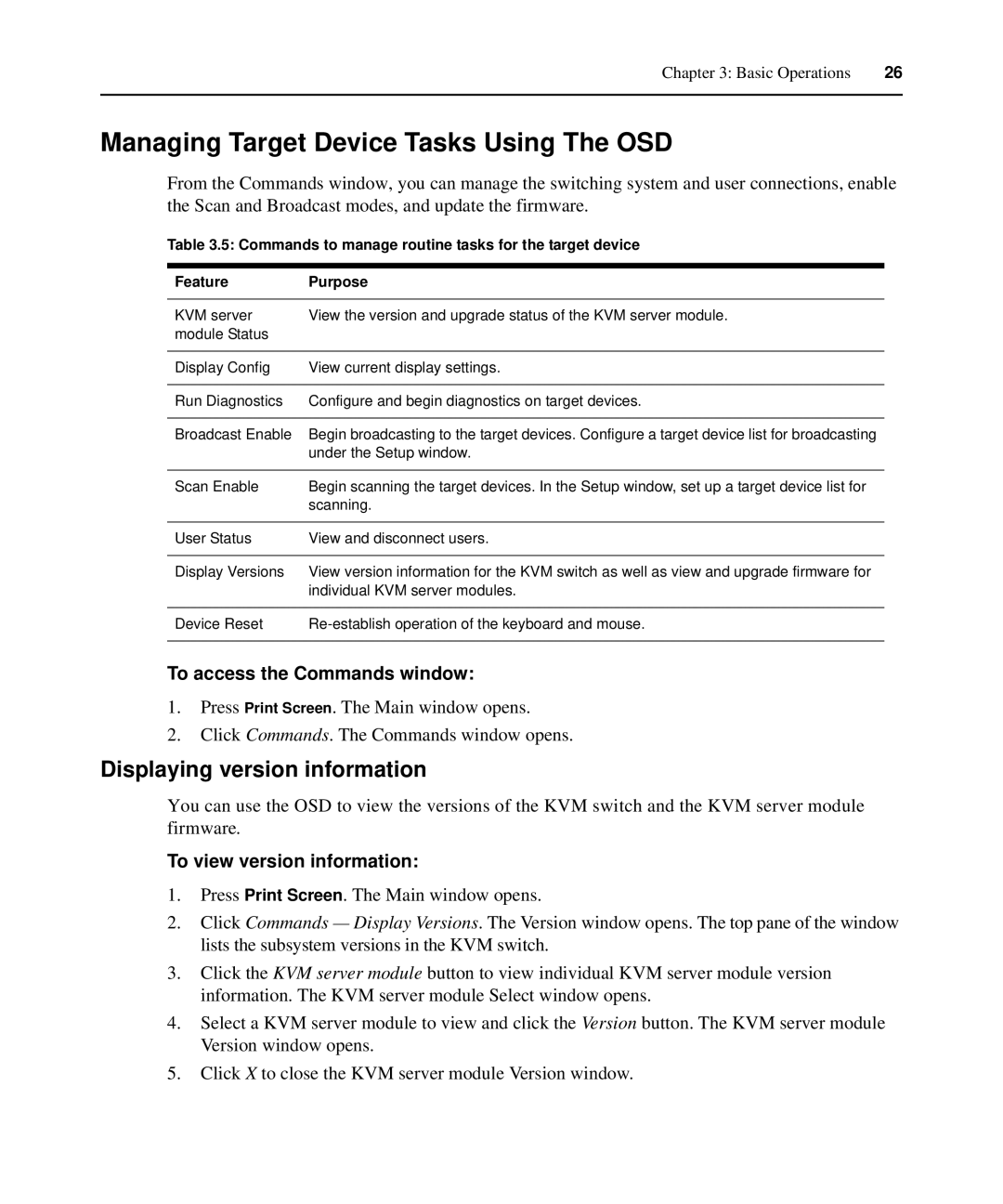 APC AP5615 manual Managing Target Device Tasks Using The OSD, Displaying version information, To access the Commands window 