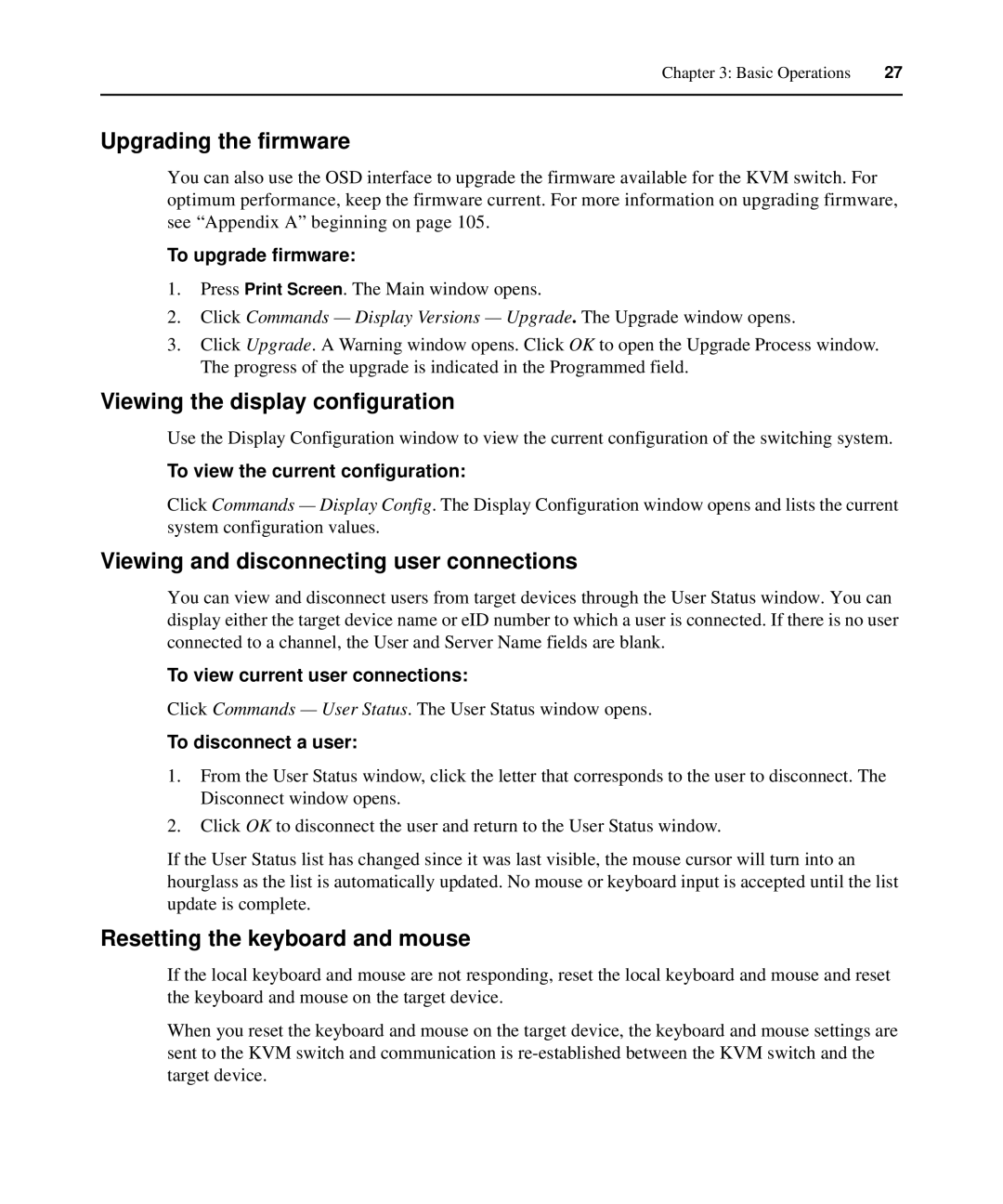 APC AP5616, AP5610 Upgrading the firmware, Viewing the display configuration, Viewing and disconnecting user connections 