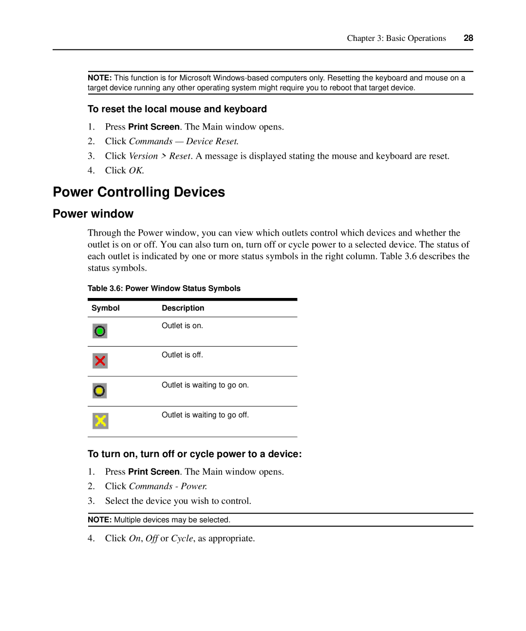 APC AP5610, AP5616, AP5615 manual Power Controlling Devices, Power window, To reset the local mouse and keyboard 