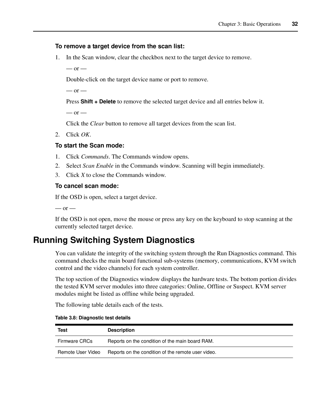 APC AP5615 Running Switching System Diagnostics, To remove a target device from the scan list, To start the Scan mode 