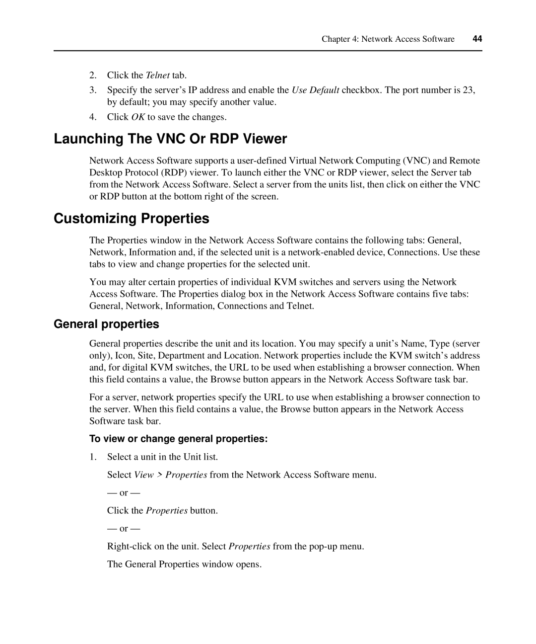 APC AP5615, AP5616, AP5610 manual Launching The VNC Or RDP Viewer, Customizing Properties, General properties 