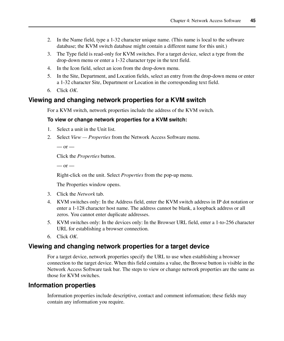 APC AP5616, AP5610, AP5615 manual Viewing and changing network properties for a KVM switch, Information properties 