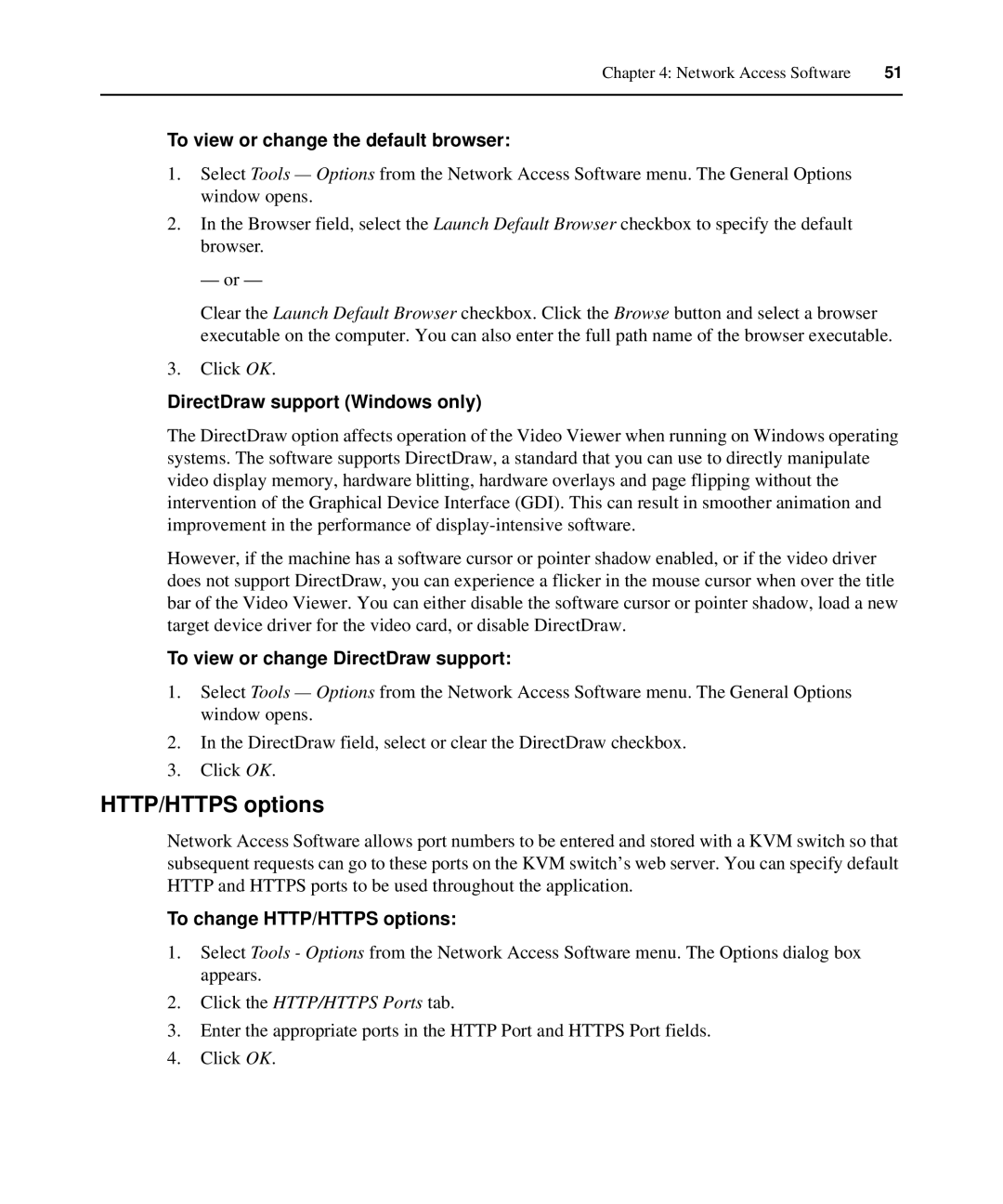 APC AP5616, AP5610, AP5615 manual HTTP/HTTPS options, To view or change the default browser, DirectDraw support Windows only 