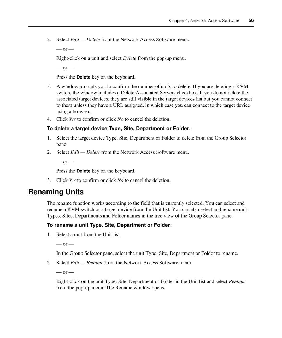 APC AP5615, AP5616, AP5610 manual Renaming Units, To delete a target device Type, Site, Department or Folder 