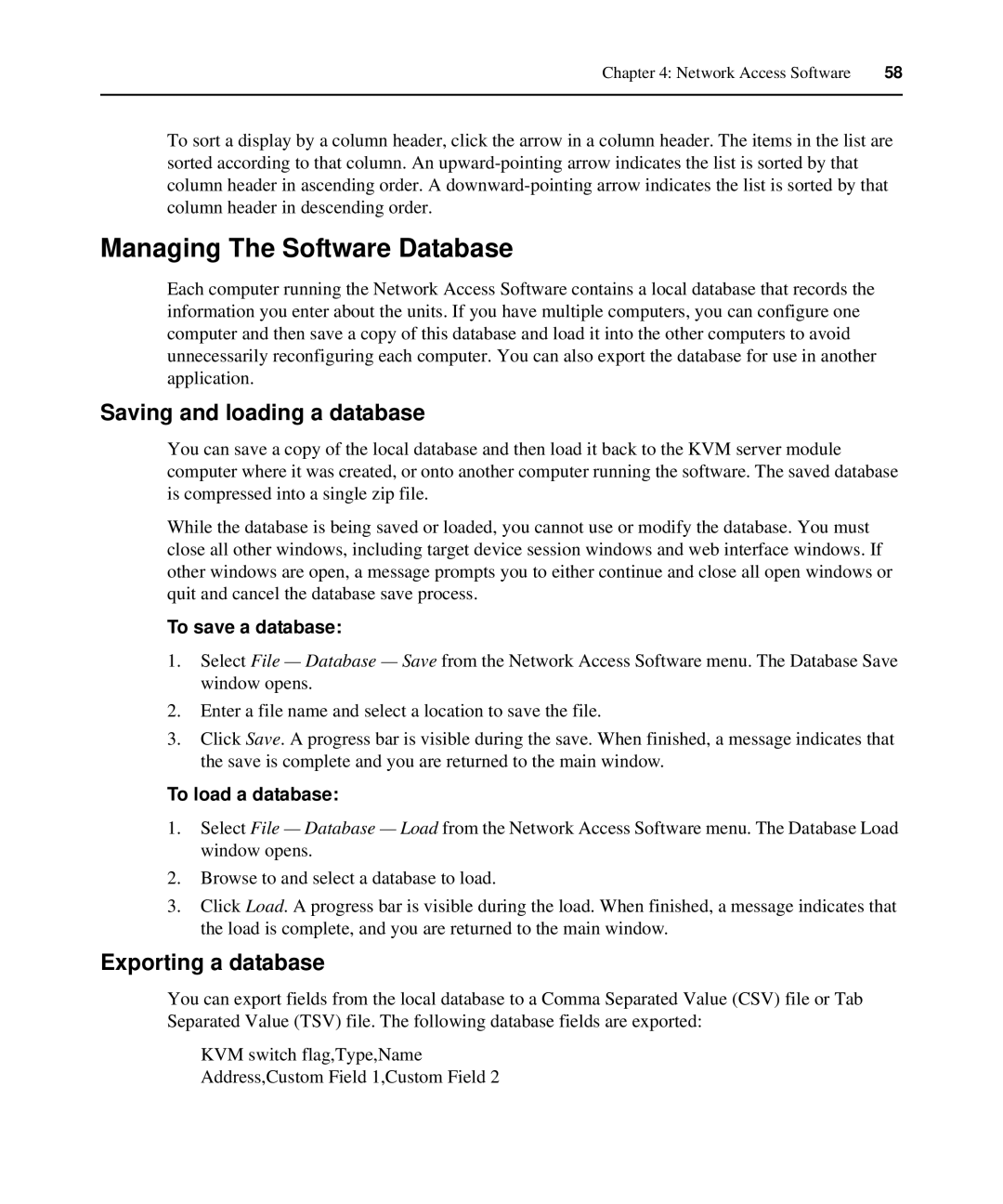 APC AP5610, AP5616 Managing The Software Database, Saving and loading a database, Exporting a database, To save a database 