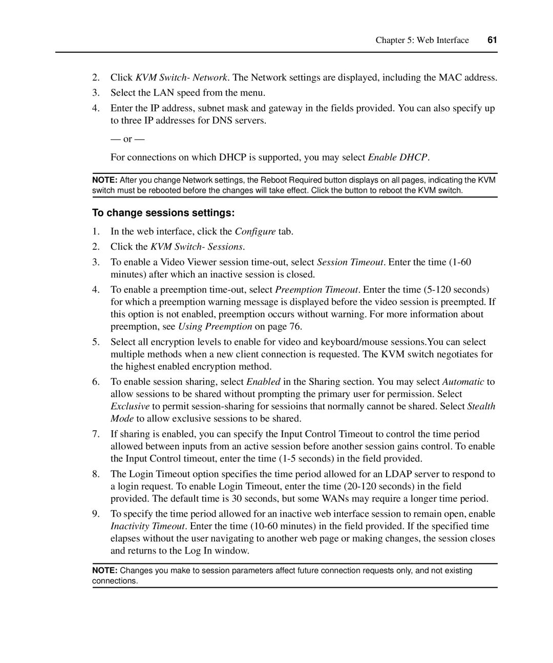 APC AP5610, AP5616, AP5615 manual To change sessions settings, Click the KVM Switch- Sessions 