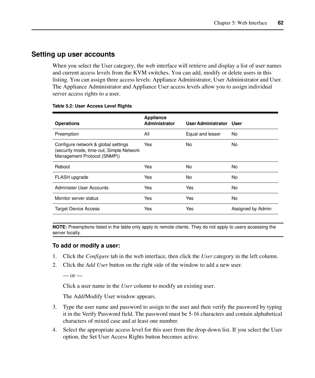 APC AP5615 Setting up user accounts, To add or modify a user, User Access Level Rights Appliance Operations Administrator 