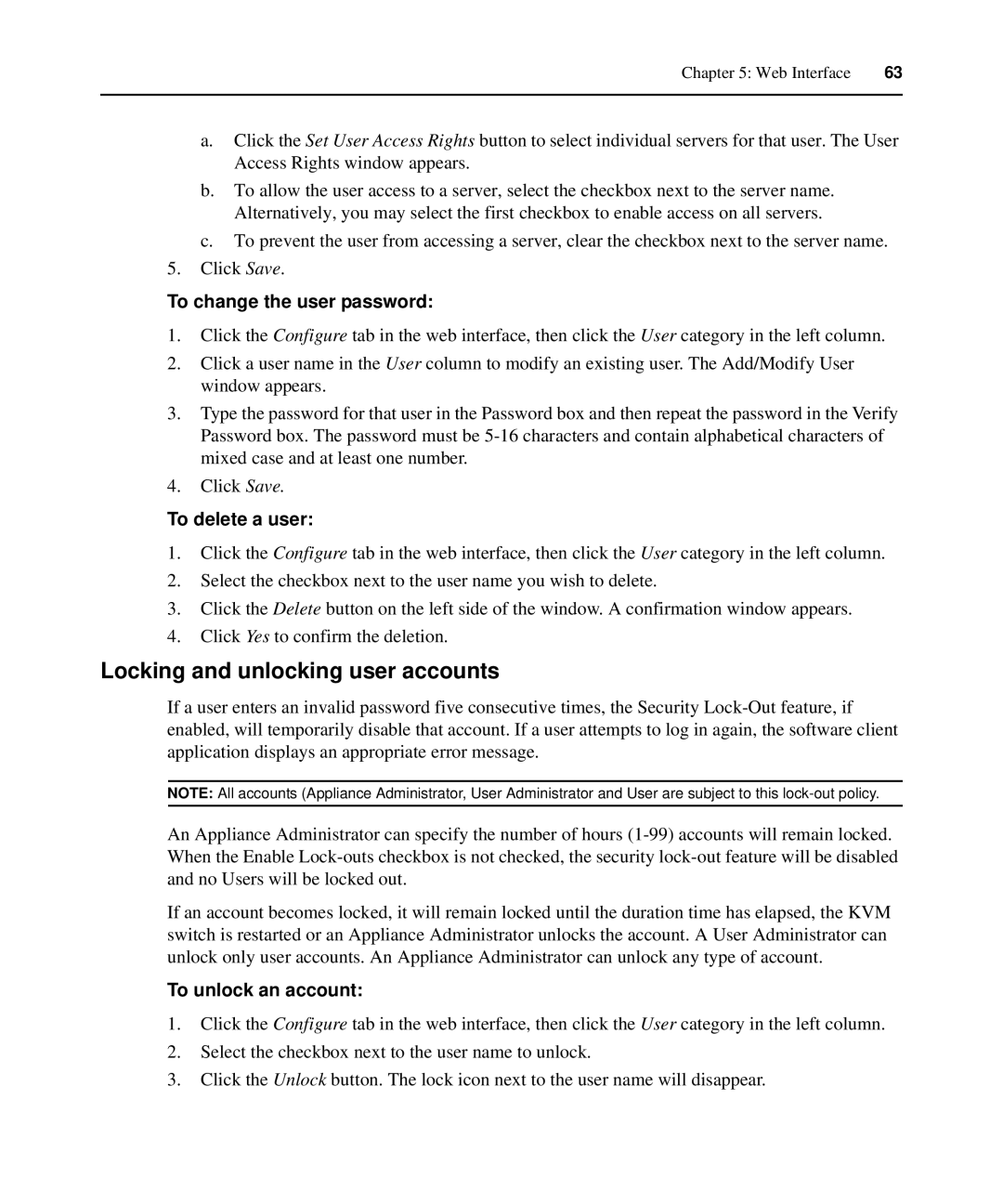 APC AP5616 manual Locking and unlocking user accounts, To change the user password, To delete a user, To unlock an account 
