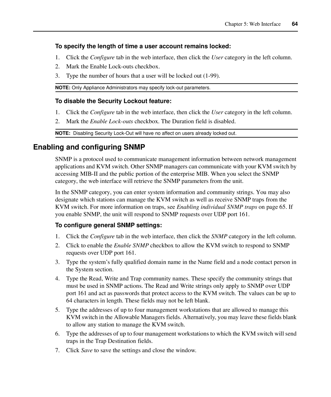 APC AP5610, AP5616, AP5615 manual Enabling and configuring Snmp, To specify the length of time a user account remains locked 