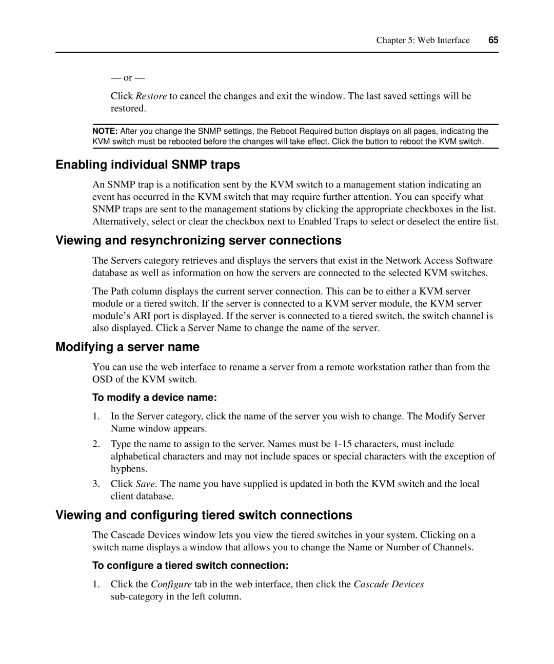 APC AP5615, AP5616 Enabling individual Snmp traps, Viewing and resynchronizing server connections, Modifying a server name 