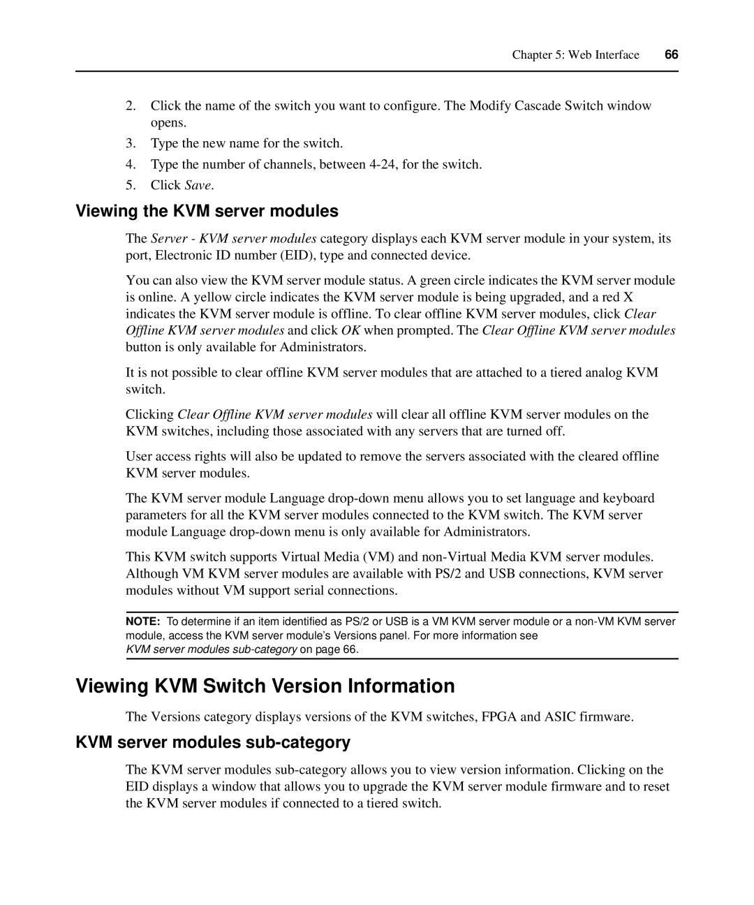 APC AP5616, AP5610 Viewing KVM Switch Version Information, Viewing the KVM server modules, KVM server modules sub-category 