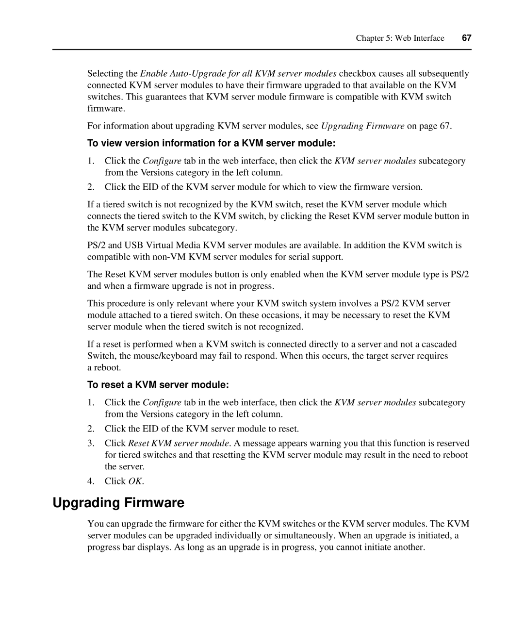 APC AP5610, AP5616 Upgrading Firmware, To view version information for a KVM server module, To reset a KVM server module 