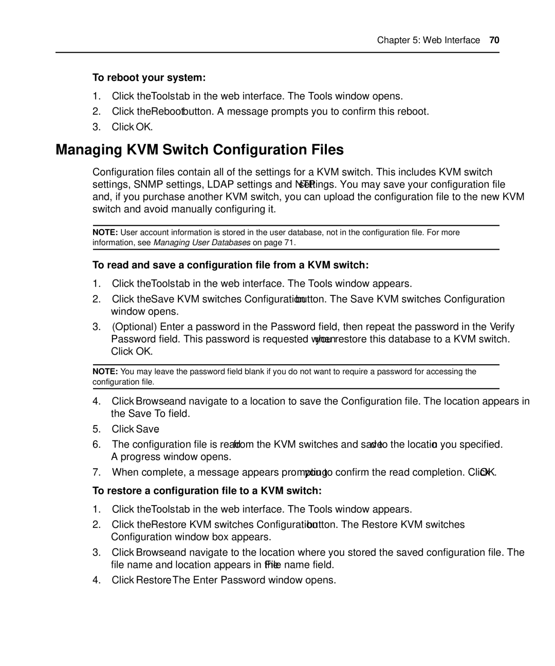 APC AP5610 Managing KVM Switch Configuration Files, To reboot your system, To restore a configuration file to a KVM switch 