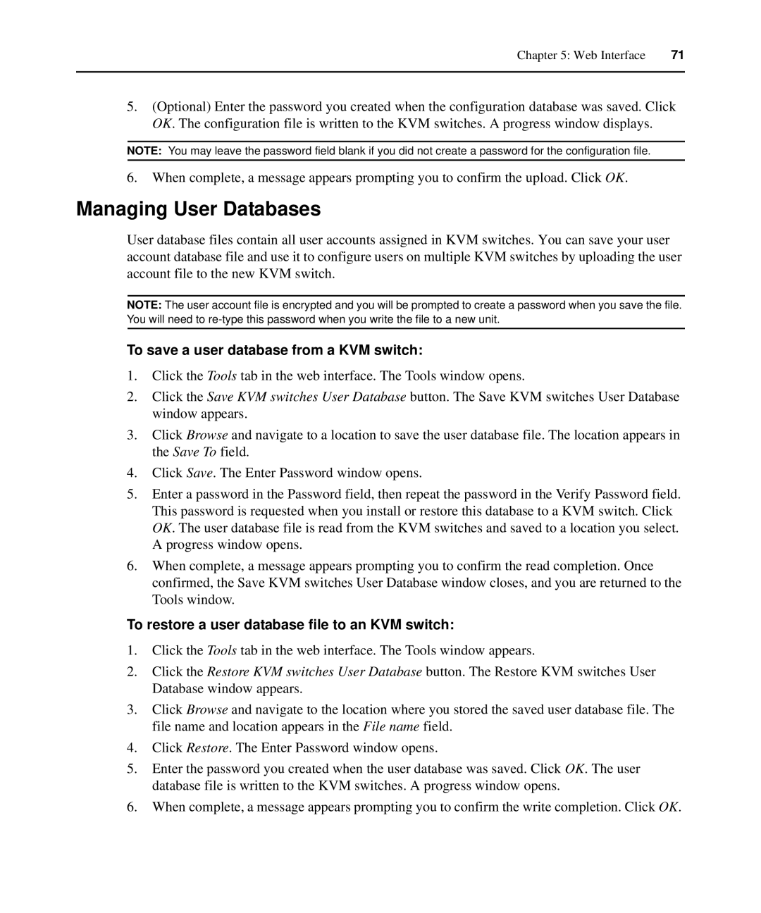 APC AP5615, AP5616, AP5610 manual Managing User Databases, To save a user database from a KVM switch 