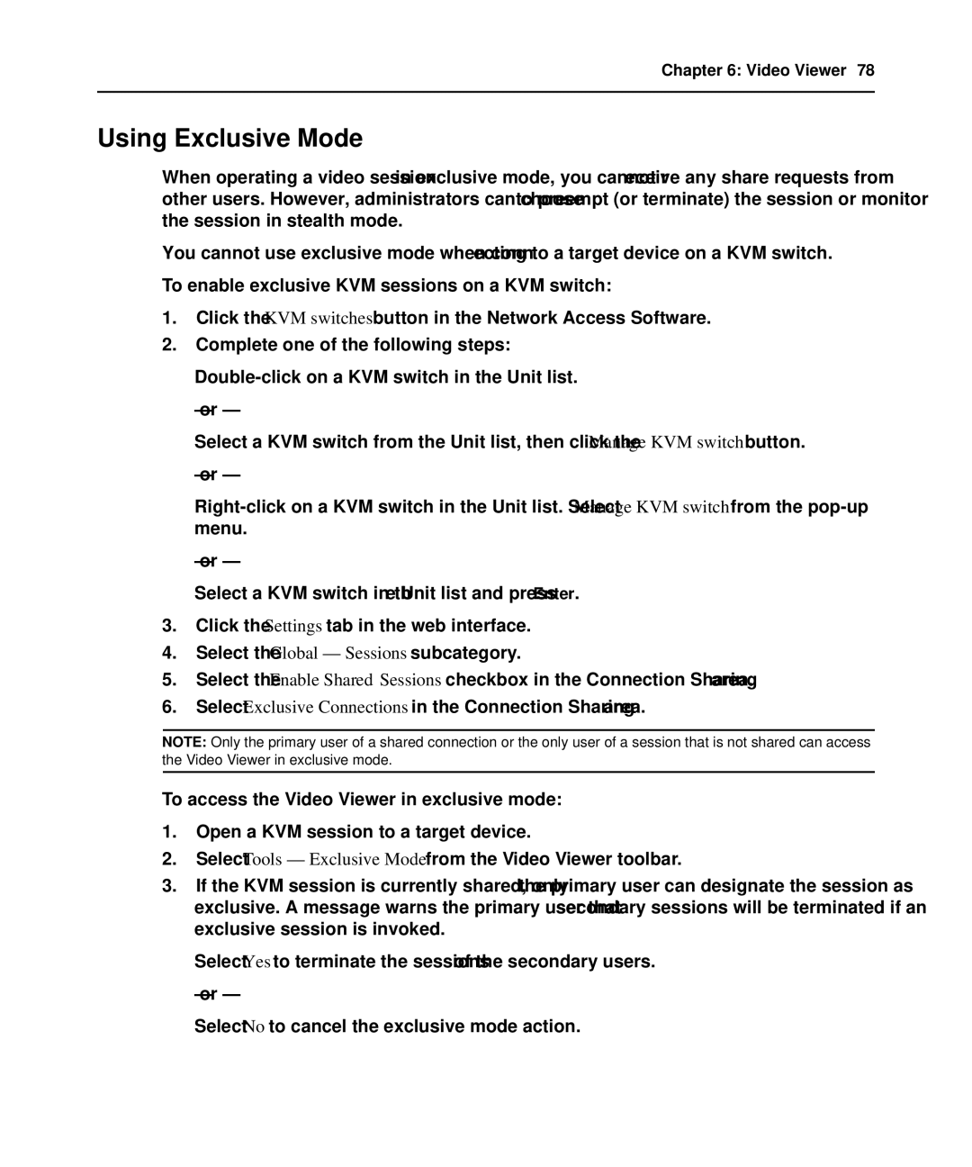 APC AP5616, AP5610, AP5615 manual Using Exclusive Mode, To enable exclusive KVM sessions on a KVM switch 