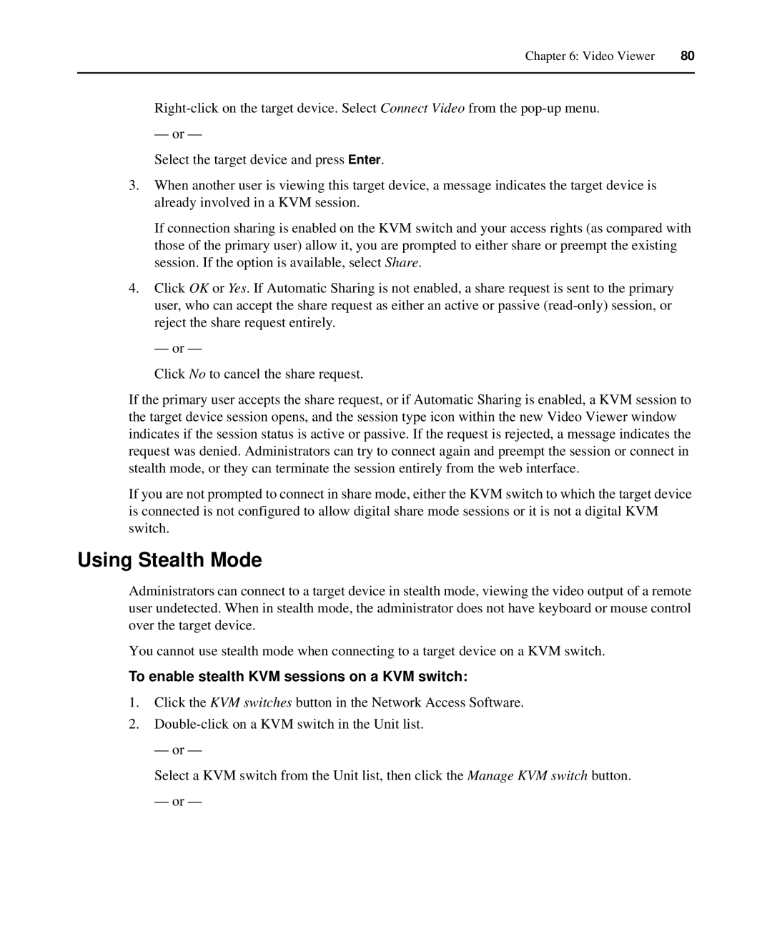 APC AP5615, AP5616, AP5610 manual Using Stealth Mode, To enable stealth KVM sessions on a KVM switch 