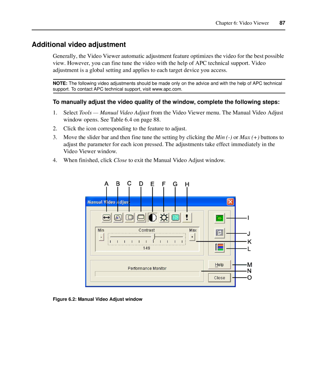 APC AP5616, AP5610, AP5615 manual Additional video adjustment, Manual Video Adjust window 