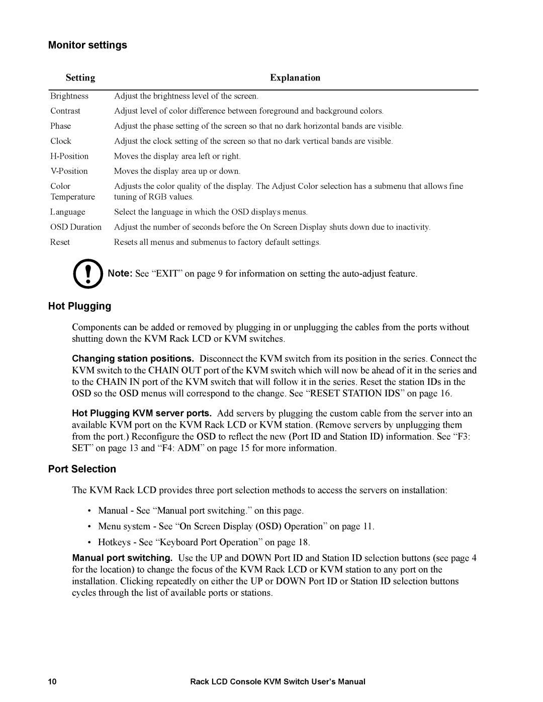 APC AP5816, AP5808 user manual Monitor settings, Setting Explanation, Hot Plugging, Port Selection 