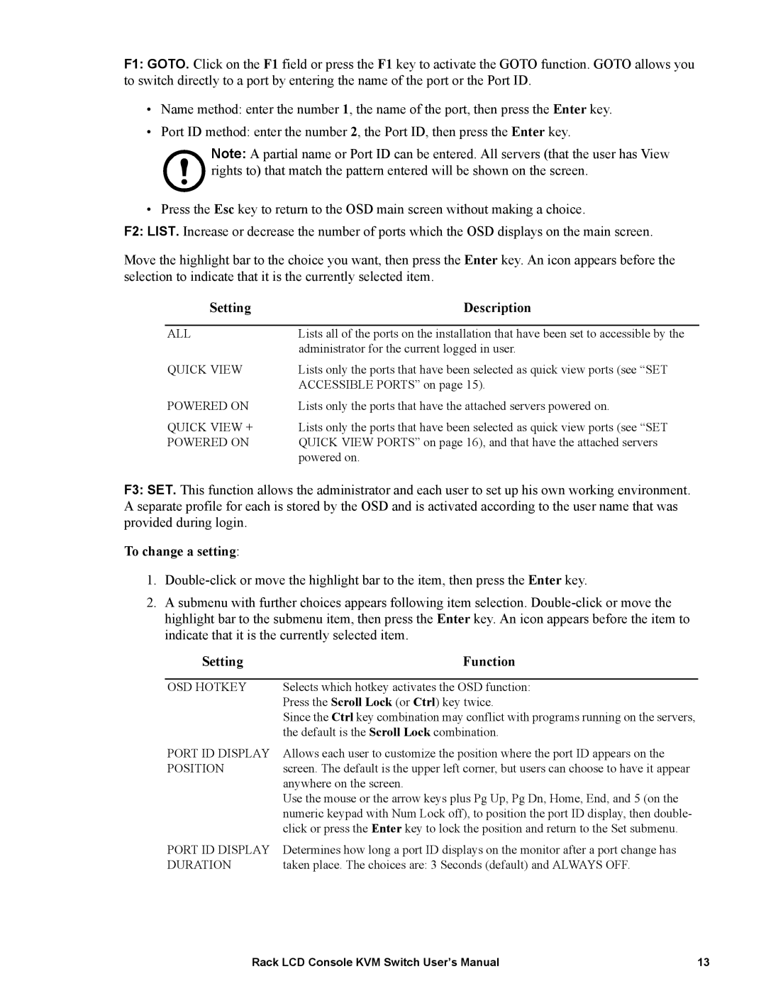 APC AP5808, AP5816 user manual Setting Description, To change a setting, Setting Function 