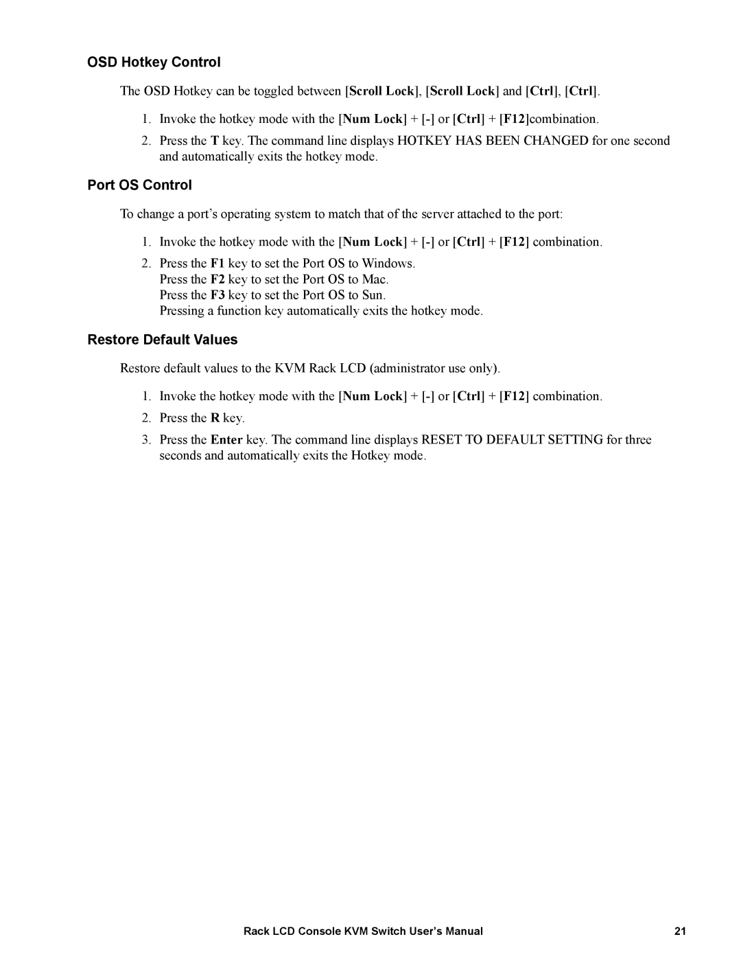 APC AP5808, AP5816 user manual OSD Hotkey Control, Port OS Control, Restore Default Values 