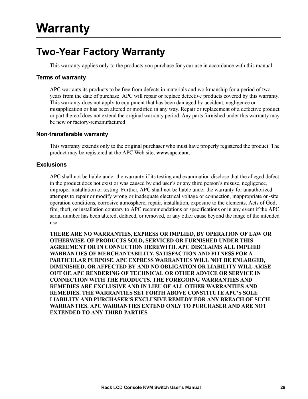 APC AP5808, AP5816 user manual Two-Year Factory Warranty, Terms of warranty, Non-transferable warranty Exclusions 