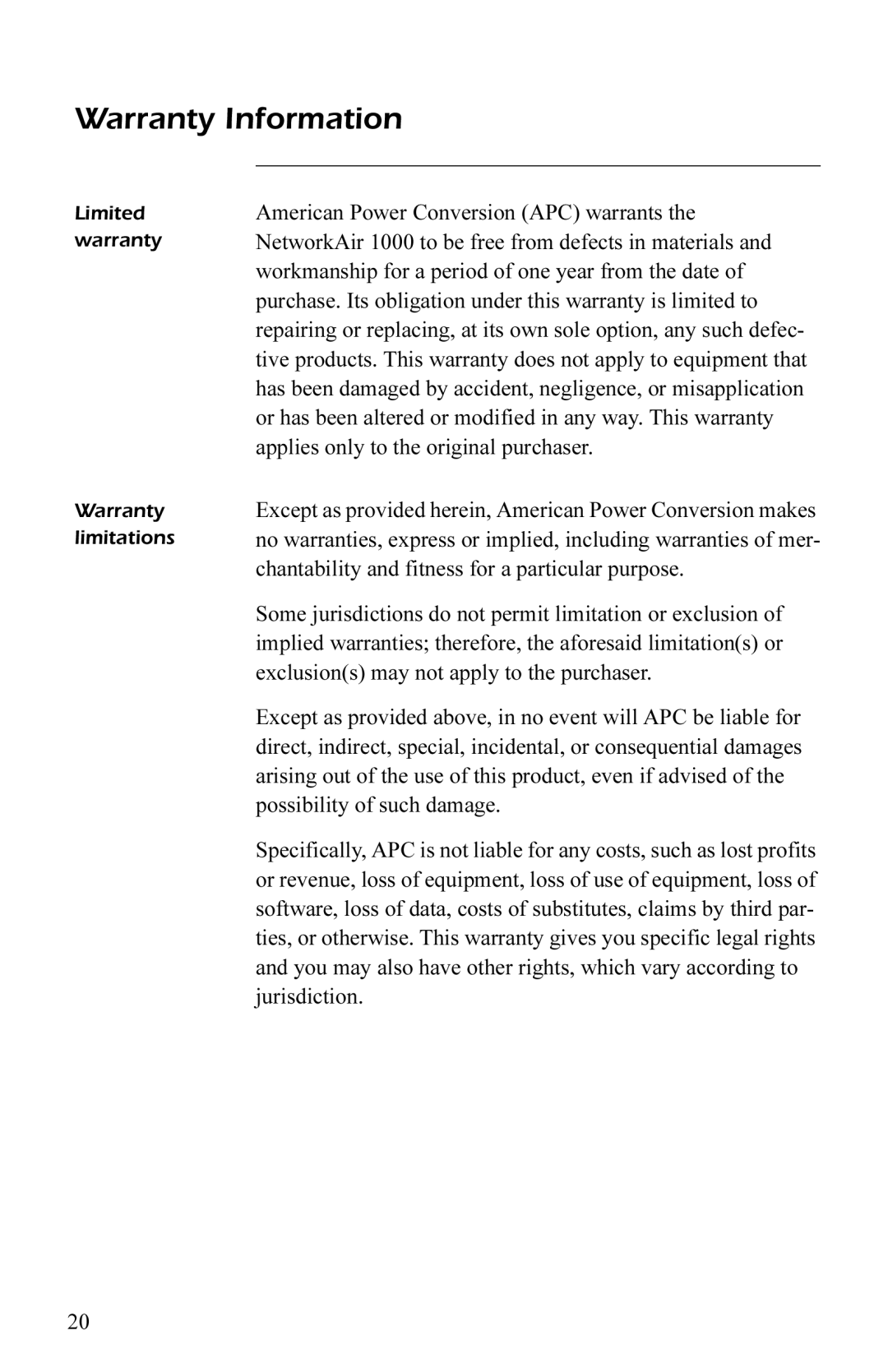 APC AP7004, AP7003 user manual Warranty Information 