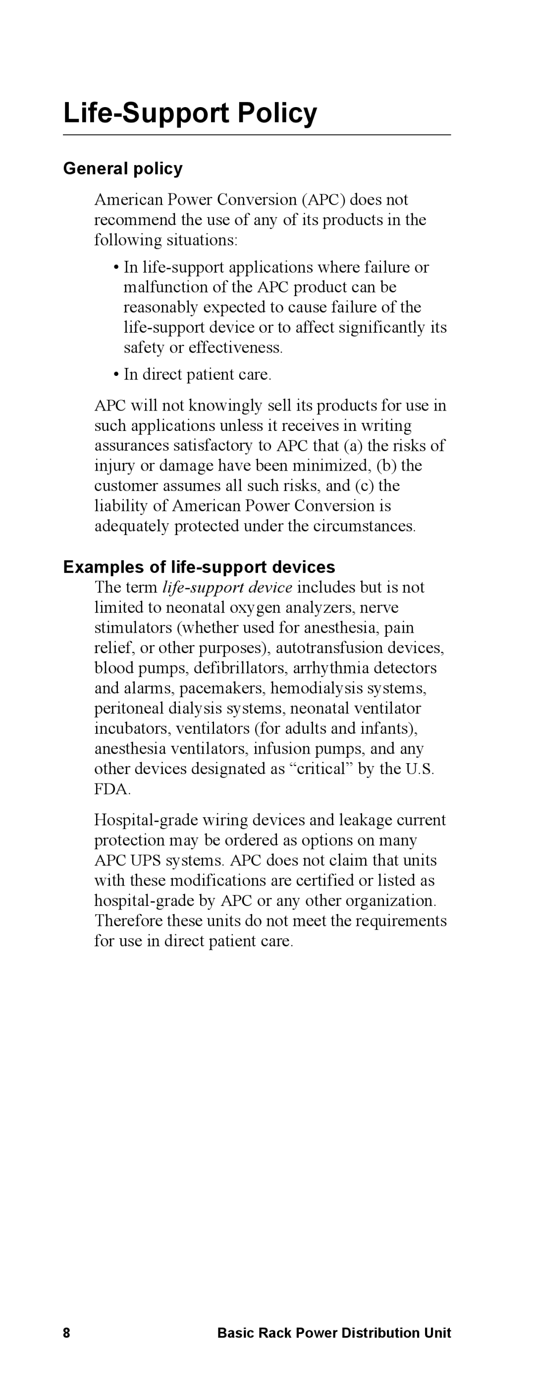 APC pdu0190b, AP7564, AP7592, pdu0344a manual Life-Support Policy, General policy, Examples of life-support devices 