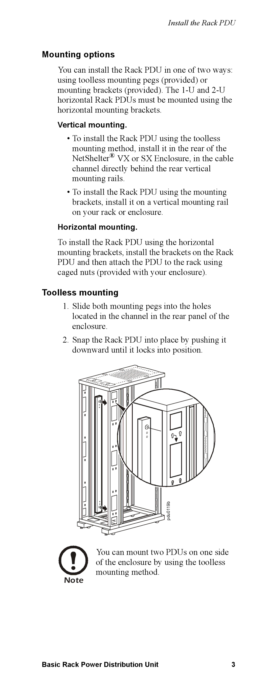 APC pdu0344a, AP7564, AP7592, pdu0190b manual Mounting options, Toolless mounting 