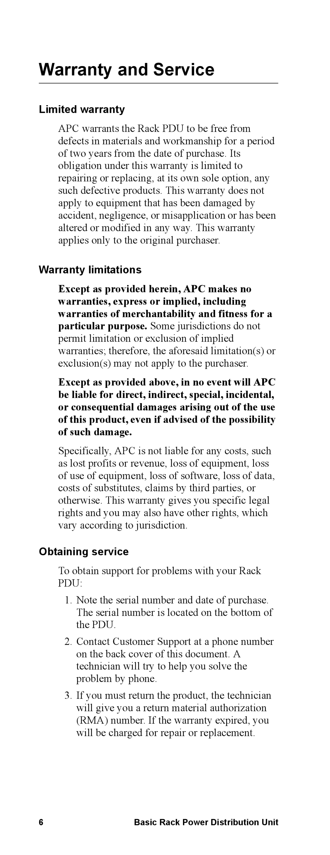 APC AP7592, AP7564, pdu0344a, pdu0190b manual Warranty and Service, Limited warranty, Warranty limitations, Obtaining service 