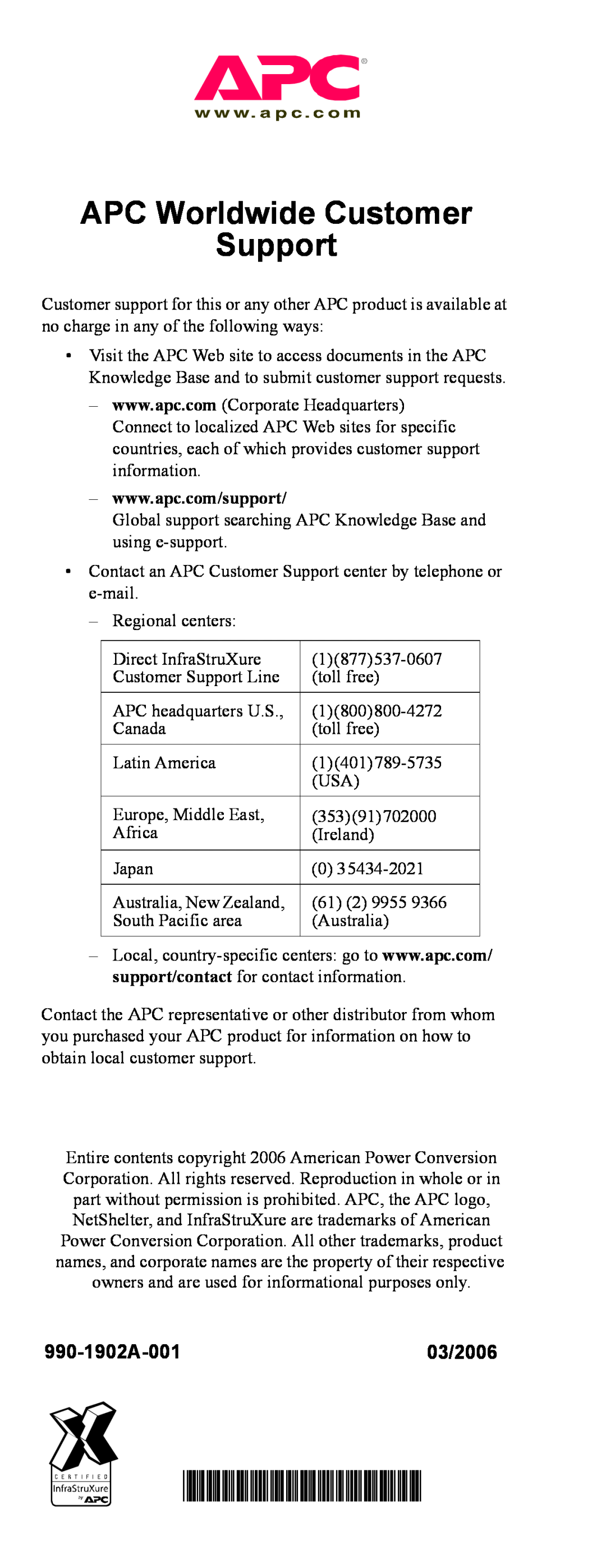APC AP7564, AP7592, pdu0344a, pdu0190b manual APC Worldwide Customer Support, 990-1902A-00103/2006 