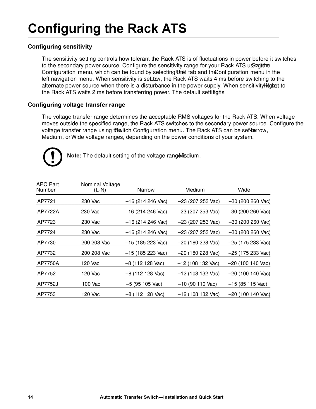 APC AP7752 quick start Configuring the Rack ATS, Configuring sensitivity, Configuring voltage transfer range 