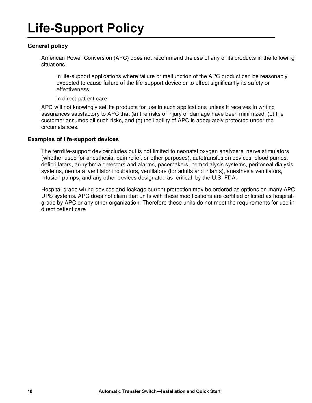 APC AP7752 quick start Life-Support Policy, General policy, Examples of life-support devices 