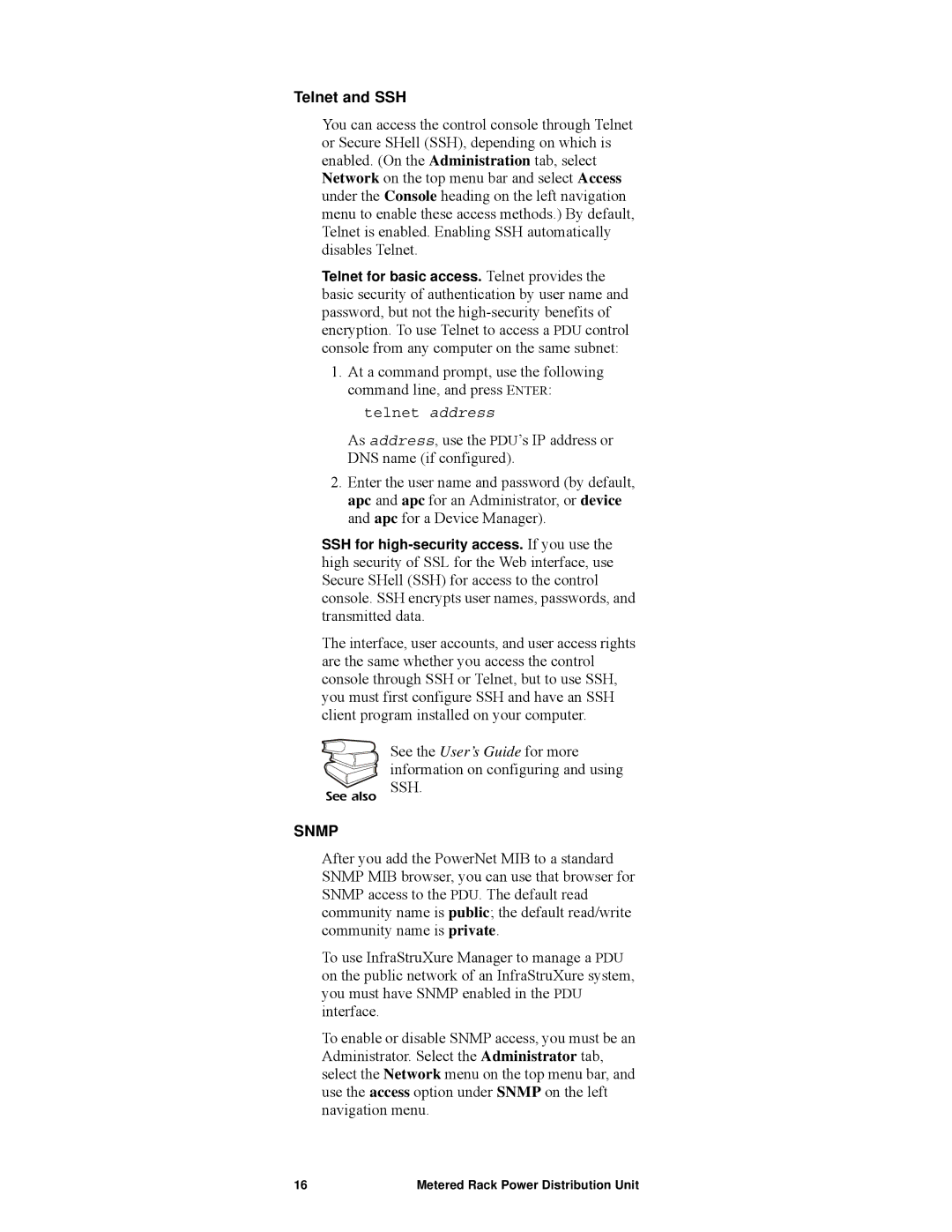 APC AP7820, pdu0123b manual Telnet and SSH, Snmp 